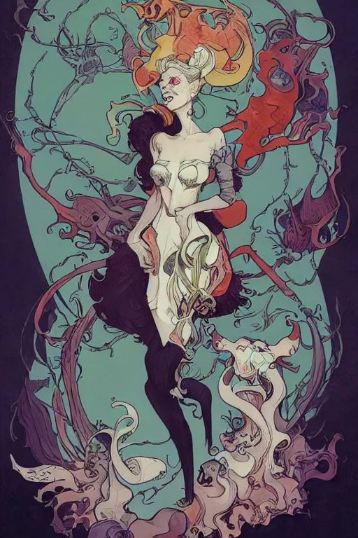 Image similar to portrait of crazy mad lady scientist, half cruella devil and half ursula chimera, stylized illustration by peter mohrbacher, moebius, mucha, victo ngai, colorful comics style