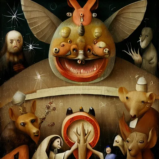 Image similar to anthropomorphic animals worshipping a giant dollar sign, prostration, fear, devotion, by hieronymus bosch, ultra detailed, highly detailed, 8 k, trending on artstation, award - winning art,