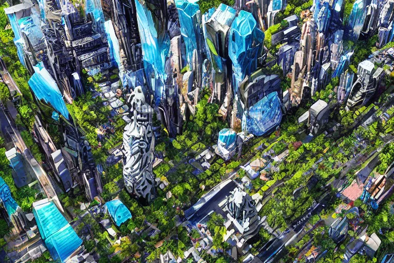 Image similar to birds eye view of a gigantic drift wood monster looming over a bright and lush futuristic city by