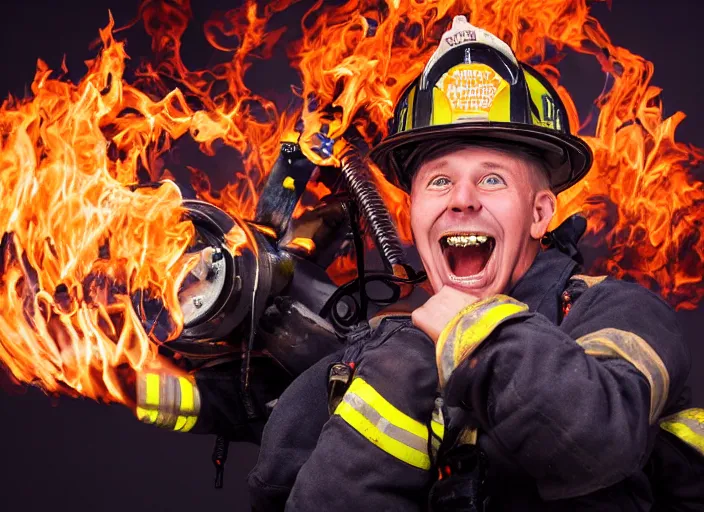 Prompt: portrait of a crazed maniacal smiling firefighter with a flamethrower creating orange flames. studio lighting