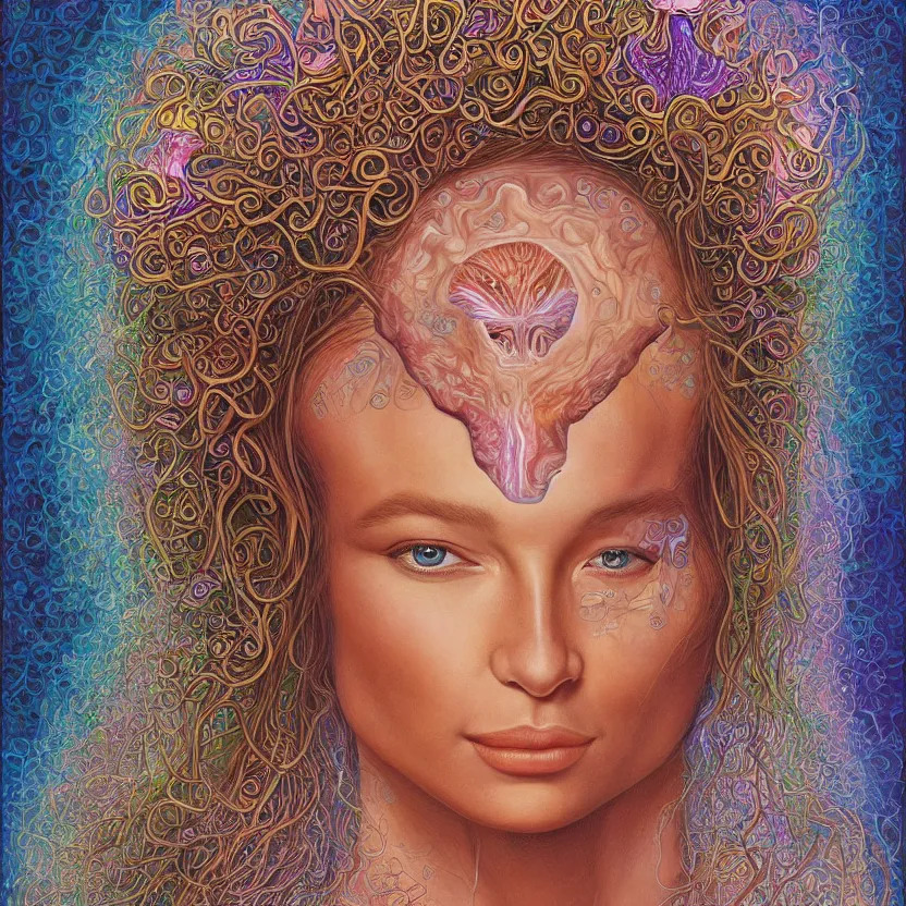 Prompt: perfectly centered portrait front view of a beautiful mushroom goddess, flowing hair, intense stare, sweet smile, symmetrical, concept art, intricate detail, volumetric shadows and lighting, realistic oil painting by alex grey,