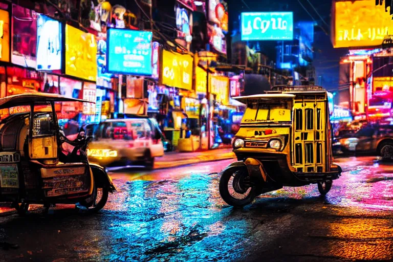 Image similar to a cinematic photograph of a tuk tuk going in a dystopian city street, rain falls, neon advertisement light up the street, ultra realistic, high definition