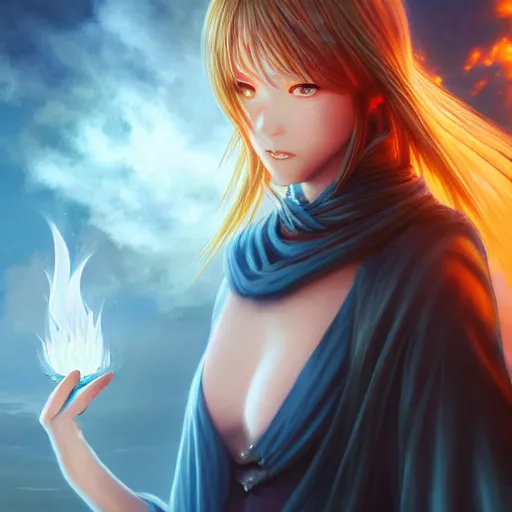 Image similar to rimuru tempest from tensura holding fire in his palm, with amber eyes of golden colored eyes, straight hair, sky blue hair, long bangs, high collar, concept art, award winning photography, digital painting, cinematic, wlop, 8 k, by ross tran, tom bagshaw, andy warhol