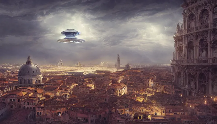 Prompt: a giant alien ufo high tech spaceship eerily hovering on italy venice city landscape with beautiful temples by greg rutkowski, artgerm, ross tran, magali villeneuve, intricate, time travel theme, audince in awe, spectacle, audience sorrounding, award winning, octane render, masterpiece, 8 k, beautiful