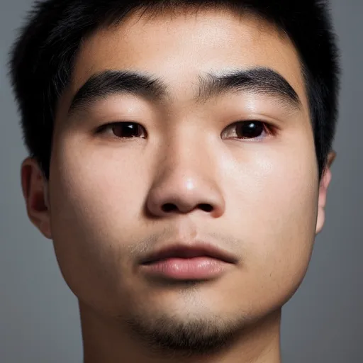 Image similar to a young asian man with a square face, short thick curly black hair and swarthy skin, close up portrait