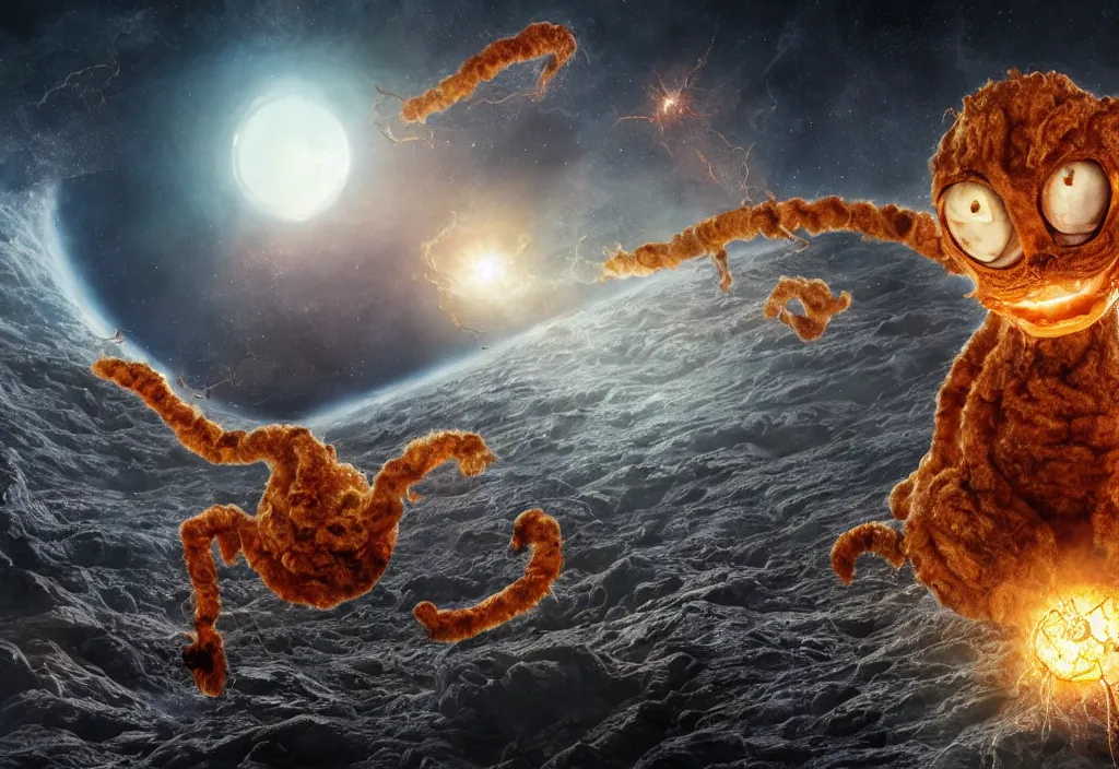 Prompt: eldritch horror bloody garfield in space, hd, 8 k, giant, epic, realistic photo, unreal engine, prophecy, powerful, cinematic lighting, destroyed planet, debris, violent, sinister, ray tracing, dynamic, epic composition, dark, horrific, teeth, grotesque, monochrome drawing, hellscape, corpses, foreboding, lightning, cartoon eyes