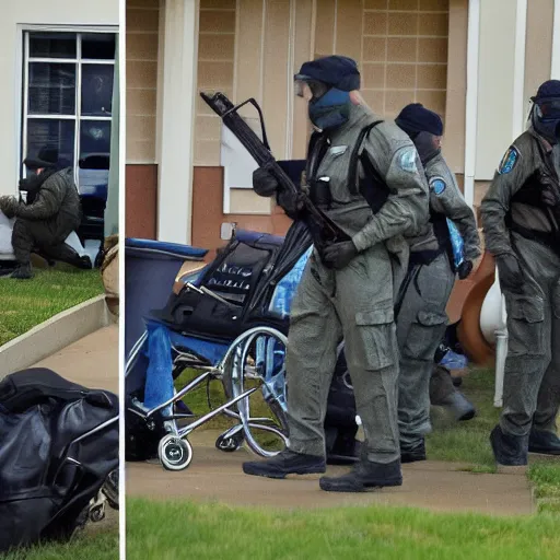 Image similar to ultra detailed photo monkeys in fbi jackets with badges and rifles attacking a nursing home