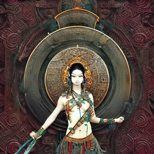 Image similar to Apsaras warrior with shield,traditional Chinese textures, hyper detailed, smooth,by Brook Shaden