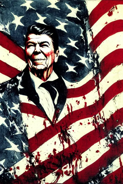 Prompt: ronald reagan as zombie, stars and stripes in the background, colored photocopy, artwork by honore daumier