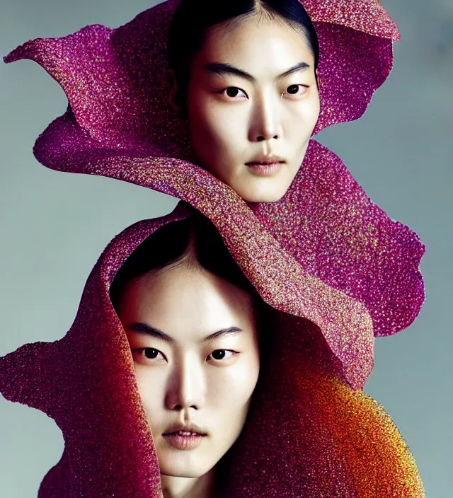 Image similar to photography facial portrait of liu wen, natural background, natural pose, wearing stunning cape by iris van herpen, with a colorfull makeup. highly detailed, skin grain detail, photography by paolo roversi, nick knight, helmut newton, avedon, araki