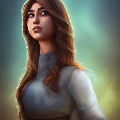 Prompt: portait princess latifa raafat, centred, very long hair, hd, unreal engine, art digital painting, amazing background theme