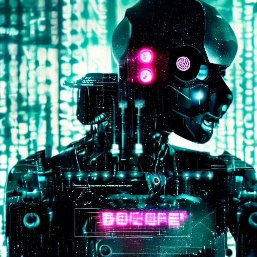 Image similar to portrait of cybernetic wolf, machine, translucent liquid, cyberpunk, robot, mechanical parts, jewelry, editorial photography, neons, blade runner, futuristic style, realistic bokeh and depth of field, award winning, establishing shot