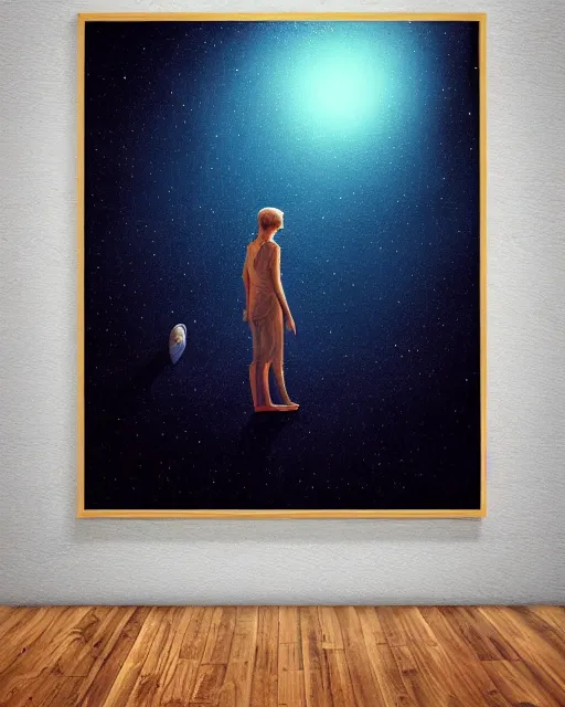 Prompt: beautiful painting of a a person standing on a wooden floor in front of a window, poster art by mor than, cgsociety, space art, sci - fi, cosmic horror, sense of awe, art by mike winkelmann, sky night, illustration, highly detailed, simple, smooth and clean vector curves, no jagged lines, vector art, smooth, artstation