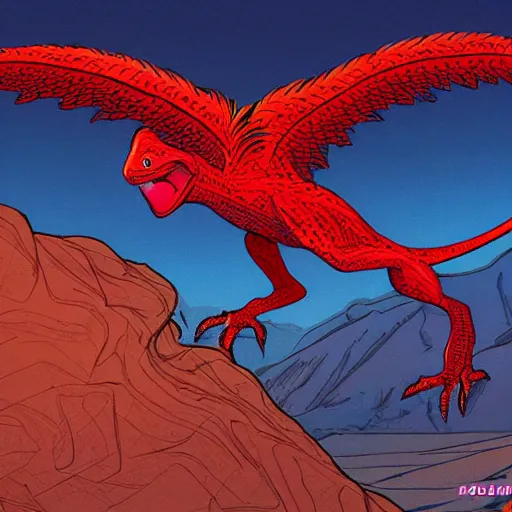 Prompt: red velociraptor on a magnificent colorful planet moebius style