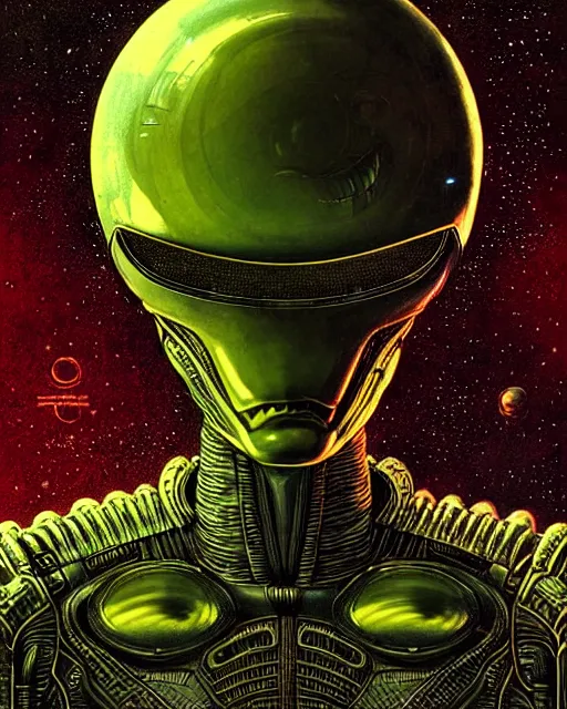 Image similar to alien, character portrait, portrait, close up, concept art, intricate details, highly detailed, vintage sci - fi poster, retro future, vintage sci - fi art, in the style of chris foss, rodger dean, moebius, michael whelan, and gustave dore
