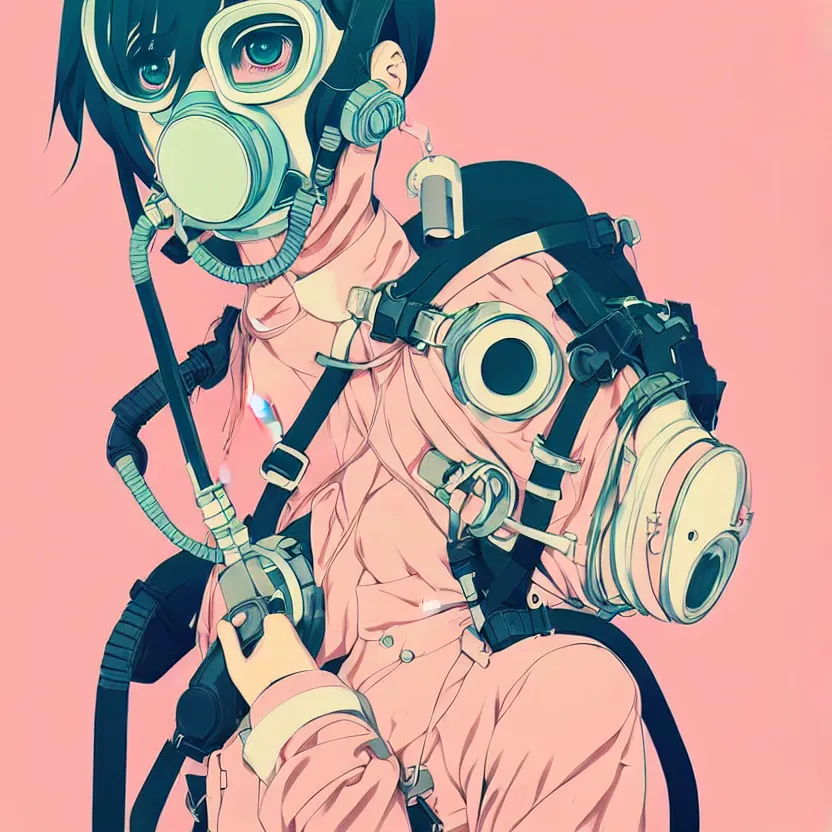 Image similar to singular girl with wearing gas mask, very anime!!! anime!! intricate details, aesthetically pleasing pastel colors, poster background, art by conrad roset and ilya kuvshinov