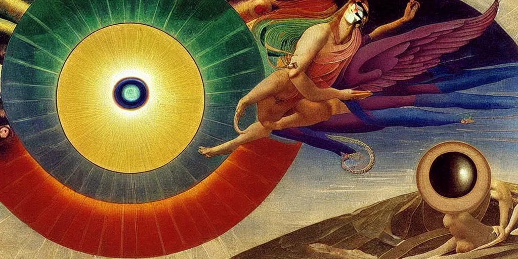 Prompt: painting of rainbow ophanim surrounded by large diagonally rotating rings, ophanim has bird wings, giant eyeball in the middle of the ophanim, by roberto. by ferri, sandro botticelli, by caravaggio, by alexandre cabanel, by george clark stanton, amazing details, mythological, biblical, beautiful composition