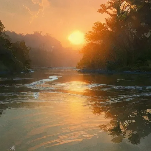 Prompt: River leading into a sunset, Watercolor, photorealistic, high resolution, award winning, trending on artstation, intricate, elegant, highly detailed, digital painting, artstation, concept art, smooth, sharp focus, illustration, art by artgerm and greg rutkowski and alphonse mucha