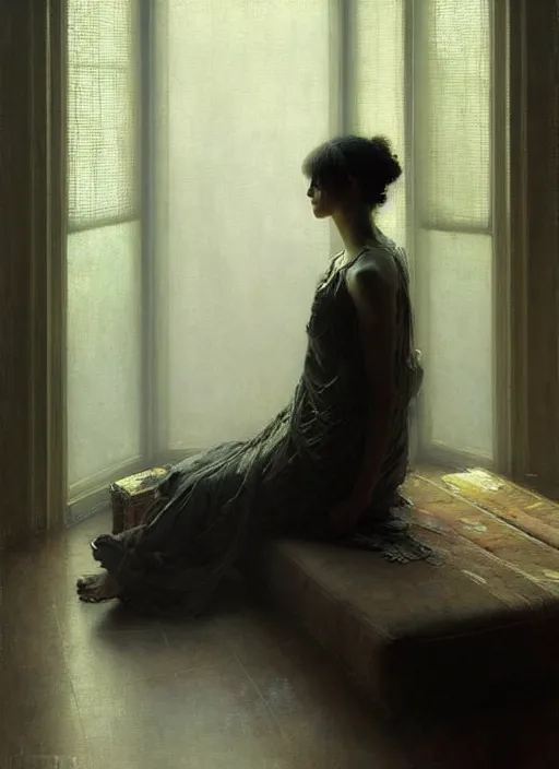 Image similar to a portrait of beautiful woman sitting in the floor, inside a modern apartment, intricate oil painting, hyperdetailed, misty, ethereal, dramatic lighting, by jeremy mann and ruan jia and lawrence alma - tadema
