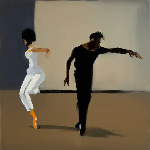 Prompt: painting by michael carson, dancers, In the White Room 2019, high key, limited color pallete
