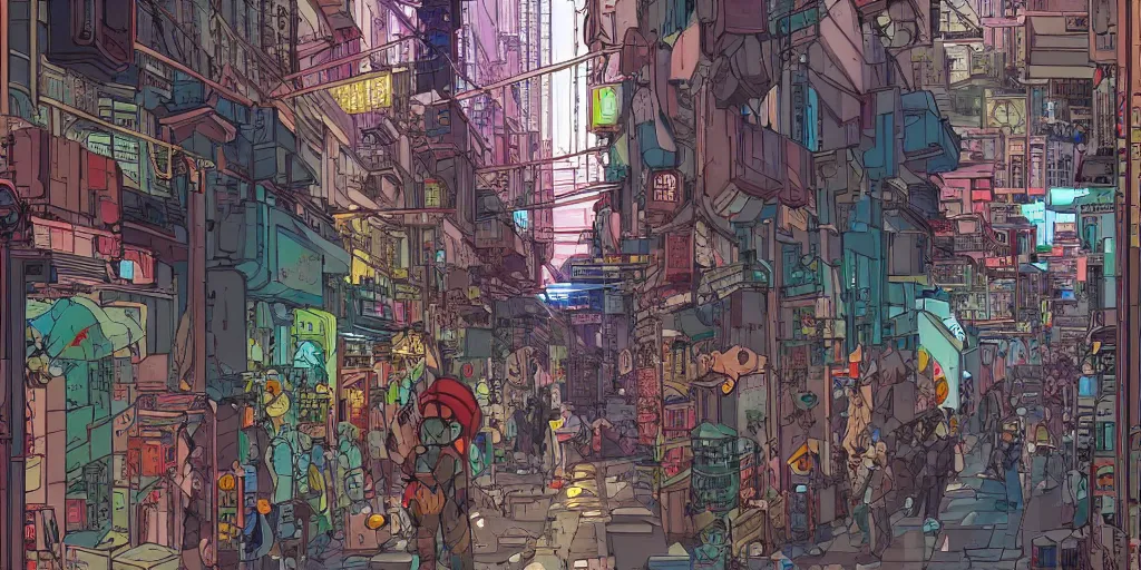 Image similar to a cyberpunk hong kong alley with robots and humans walking around by moebius, takashi murakami color palette, clear details
