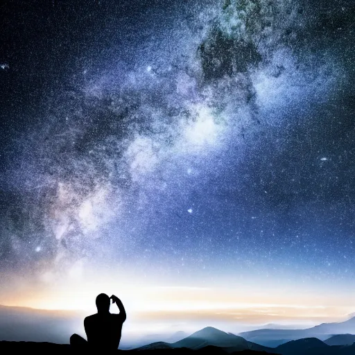 Image similar to 4K ultra HD detailed award-winning wallpaper of silhouette of man sitting on top of mountain cliff looking at huge vast sky storm Milky way