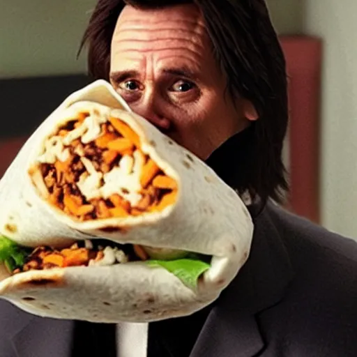 Prompt: photo of jim carrey stuffed inside of a burrito