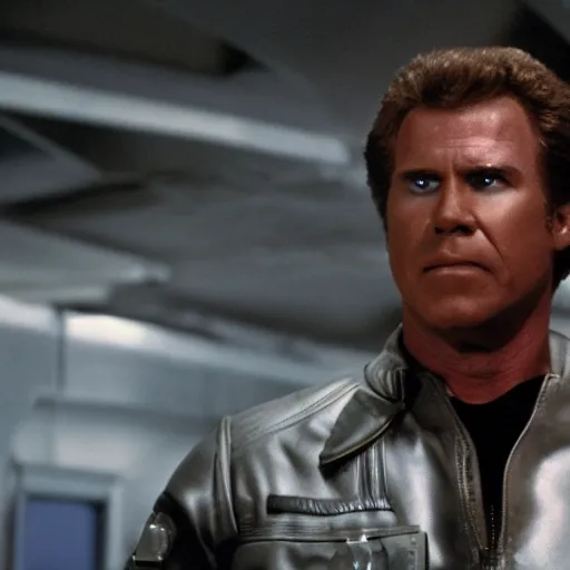 Prompt: will ferrell starring as the terminator, movie still, 8 k