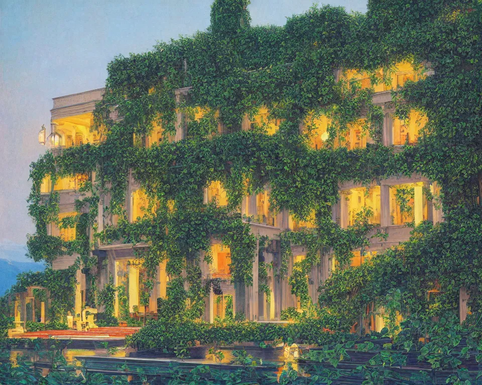 Prompt: an achingly beautiful print of a vibrant greek four seasons hotel, lit by glowing lanterns and covered in ivy, on the shores of Mt. Olympus by Raphael, Hopper, and Rene Magritte. detailed, romantic, trending on artstation.