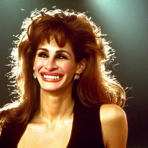 Prompt: Julia Roberts as Selena singing!! on a stage, 1995 movie, cinematic, beautiful, elegant, symmetrical!! face