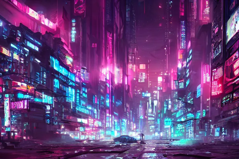 Image similar to a dystopian cyberpunk city with to much neon light, a large tv in the middle of the city, anime, 4k, super wide angle, PS5 graphic, digital art, trending on artstation