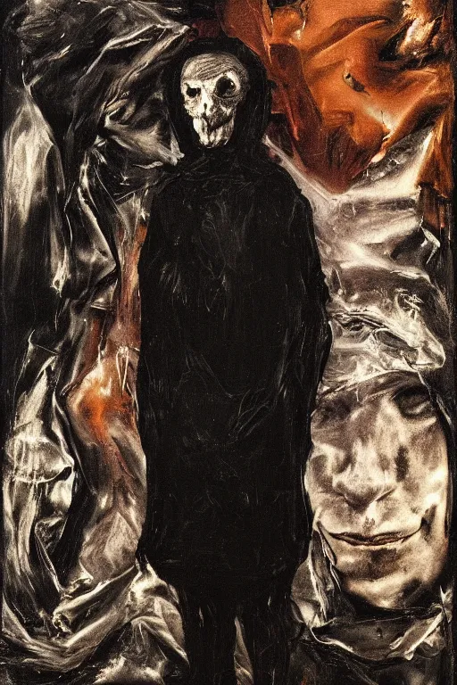 Image similar to menacing portrait of medici emerging from the dark void, lonely figure in the darkness, painted by Adrian Ghenie El Greco, painted by Lucian Freud, polaroid, Renaissance, John Singer Sargant, glitch