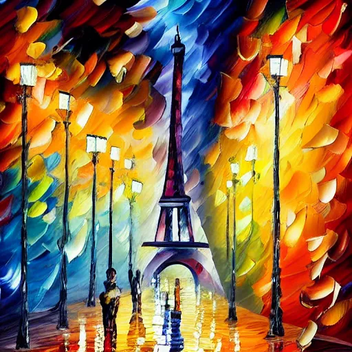 Prompt: knife - painting of a colorful and contrasted scenery, a cat walk on a roof in paris, the moon shine in the sky, the effeil tower is in the background, in the style of leonid afremov