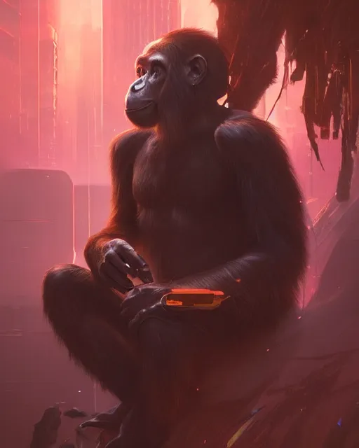 Prompt: bored ape, yuga labs, neon, cyberpunk, futuristic, stunning, highly detailed, digital painting, artstation, smooth, soft focus, illustration, art by greg rutkowski and alphonse mucha