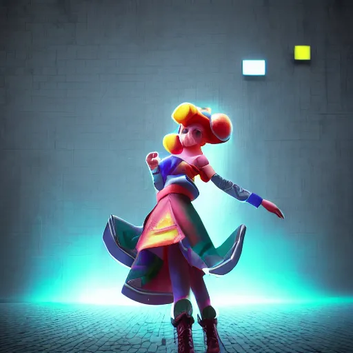 Image similar to a girl like jinx and Princess peach, dancing, background jet ground radio, fullshot, raytrayced, octane render, epic composition, intricate details, dark neon punk, by myanko