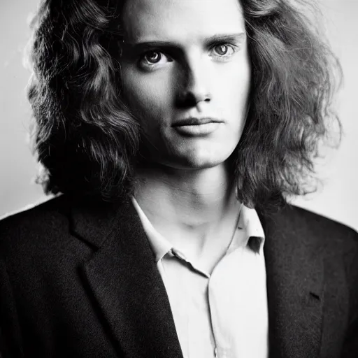 Prompt: full-face portrait of a typical person with waist-length incredible hair by Richard Avedon, beautiful eyes, male with halo, aquiline nose, nd4, 85mm, perfect location lighting