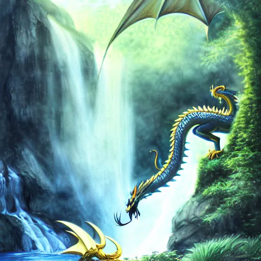 Prompt: furry art, female dragon sleeping by a waterfall, fursona commission, color page, tankoban, 4 k, tone mapping, jaime jones, alan lee