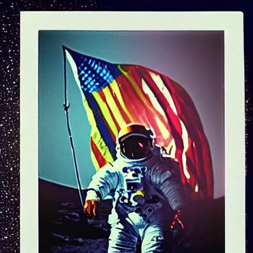 Prompt: astronaut with the lgbt flag on the moon, polaroid photo, perfect photo, photo pinterest