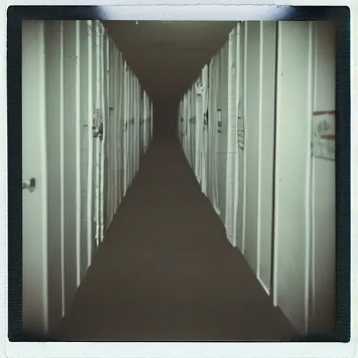 Prompt: inside a hallway made of empty medical tents, eerie, surreal, creepy, old polaroid, expired film,