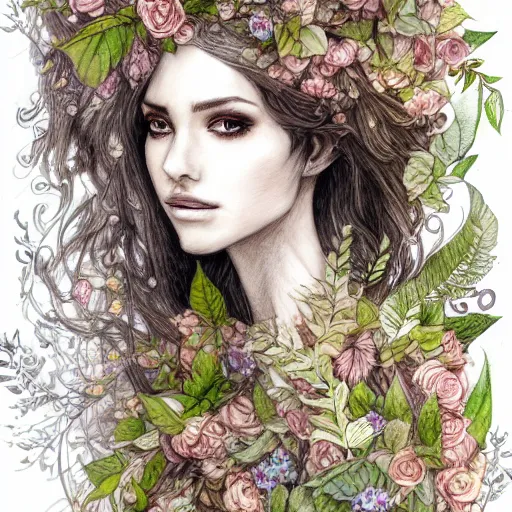 Prompt: a drawing of a beautiful woman clothed in flowers and leaves standing in an enchanted forest, high fantasy, elegant, epic, detailed, intricate, pencil and watercolor, concept art, realistic detailed face, smooth, focus, rim light,