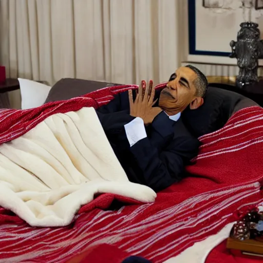 Prompt: Sleepy Barrack Obama wraps up in a warm blanket, photograph