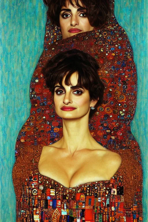 Image similar to oil painting, portrait of penelope cruz, artwork by gustav klimt