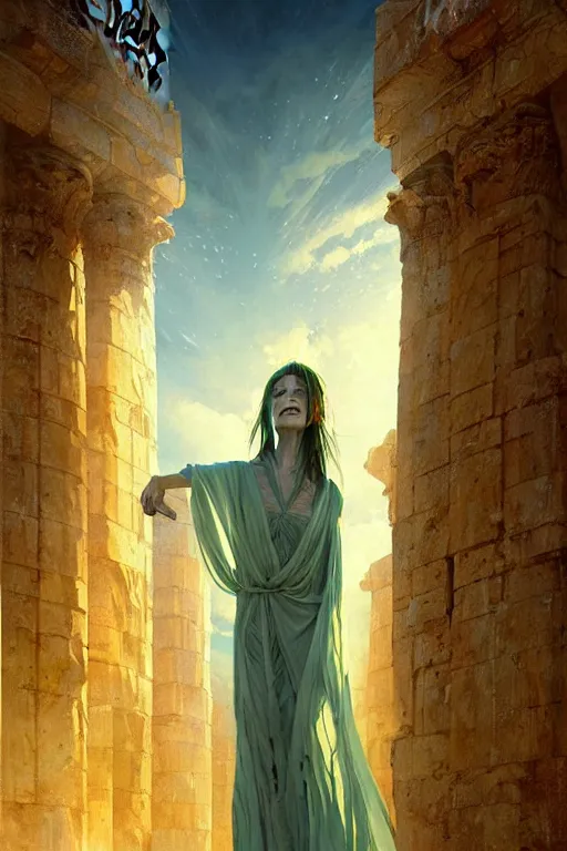 Image similar to possessed woman wearing an ancient greek tunic made of yellow paper, stephen bliss, fantasy art by greg rutkowski, rhads, ferdinand knab, makoto shinkai and lois van baarle, ilya kuvshinov, rossdraws, tom bagshaw, global illumination, radiant light, ancient greek temple ruins, green blue color theme