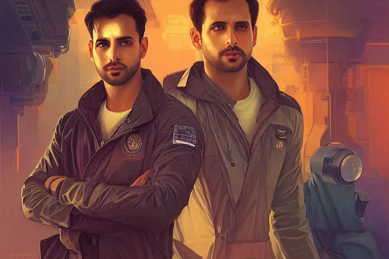 Prompt: Sensual good looking pale young Indian doctors wearing Blade Runner 2049 clothing in a space station above Earth, portrait, elegant, intricate, digital painting, artstation, concept art, smooth, sharp focus, illustration, art by artgerm and greg rutkowski and alphonse mucha