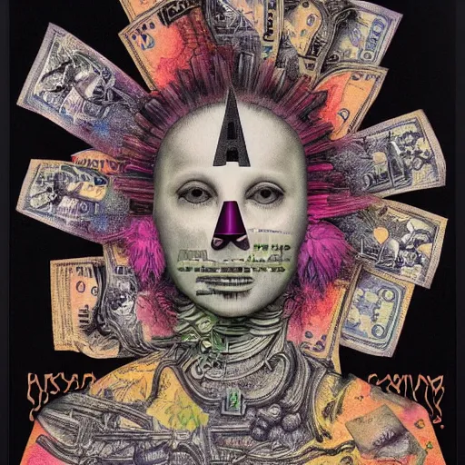 Image similar to post - punk new age album cover, asymmetrical design, frame of a dollar bank notes, capitalism, magic, apocalypse, psychedelic, black white pink, magic, giger h. r., giuseppe arcimboldo