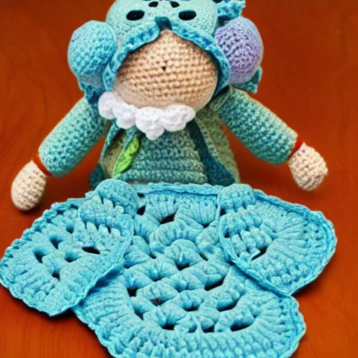 Image similar to product image of a cute crochet grandma made of crochet who's making a crochet. high resolution