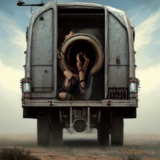 Prompt: a highly detailed epic cinematic concept art CG render digital painting artwork: the back of a steampunk truck in motion. girl in grey hoodie holds onto the back door of the truck. By Greg Rutkowski, Ilya Kuvshinov, WLOP, Stanley Artgerm Lau, Ruan Jia and Fenghua Zhong, trending on ArtStation, made in Maya, Blender and Photoshop, octane render, excellent composition, cinematic atmosphere, dynamic dramatic cinematic lighting, aesthetic, very inspirational, arthouse