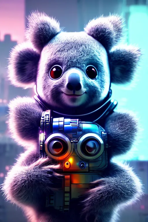 Prompt: high quality 3 d render very cute cyborg koala! cyberpunk highly detailed, unreal engine cinematic smooth, in the style of blade runner & detective pikachu, hannah yata charlie immer, moody light, low angle, uhd 8 k, sharp focus