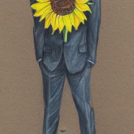 Prompt: full body shot of a man with a sunflower instead of a head wearing a business suit, color pencil sketch