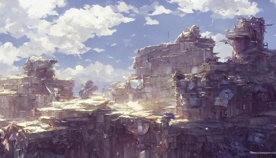 Prompt: a apocalyptic city ruin, fluffy white clouds in the blue sky on a beautiful windy day, trending on pixiv fanbox, painted by takashi takeuchi greg rutkowski makoto shinkai takashi takeuchi studio ghibli